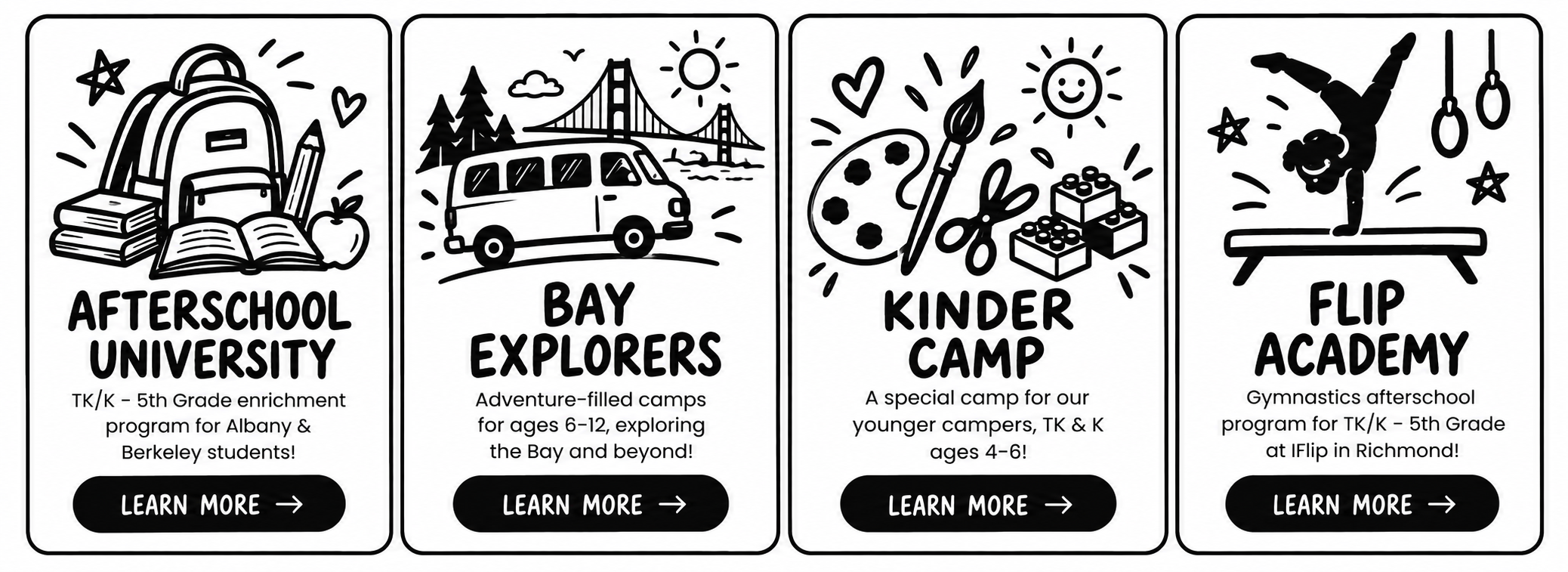 Afterschool University, Bay Explorers, Kinder Camp and Flip Academy program illustrations